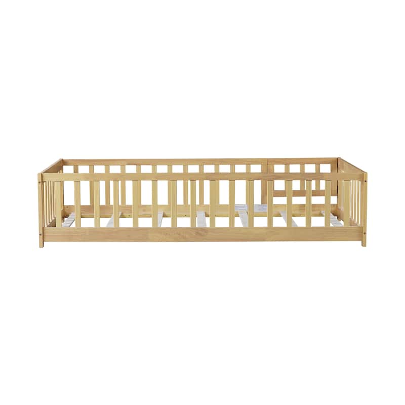 Twin Size Floor Bed With Fence And Door,Rubber Wood Floor Bed With Safety Guardrails