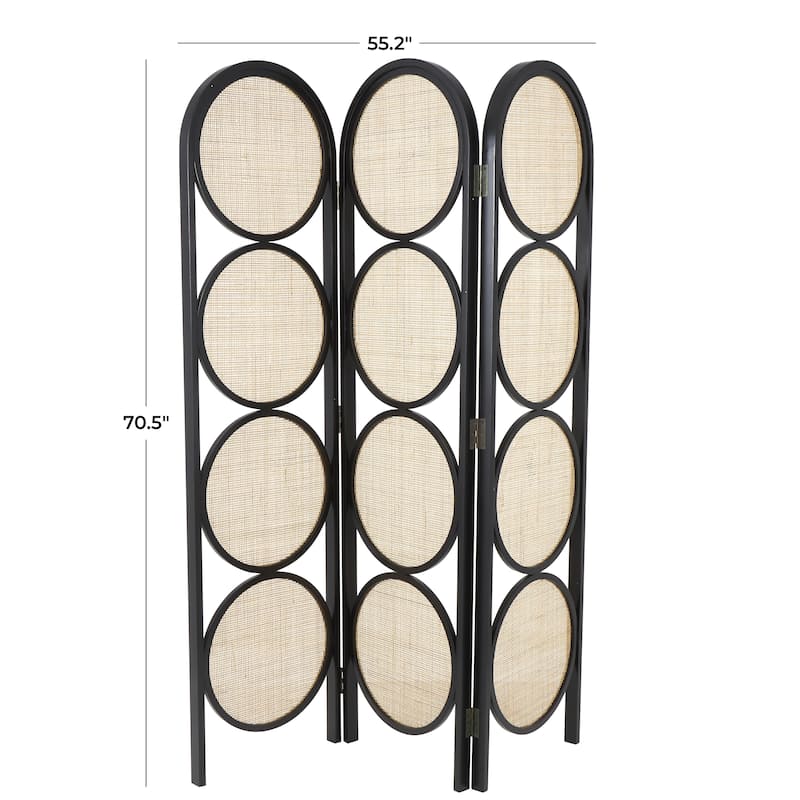 Wooden Geometric Handmade Arched Foldable 3 Panel Room Divider Screen with Woven Circular Cutouts - Black - Roche River Decor