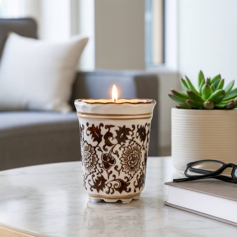 Modern Chinoiserie Ceramic Candle - Jasmine Scented Candle - 5.0"