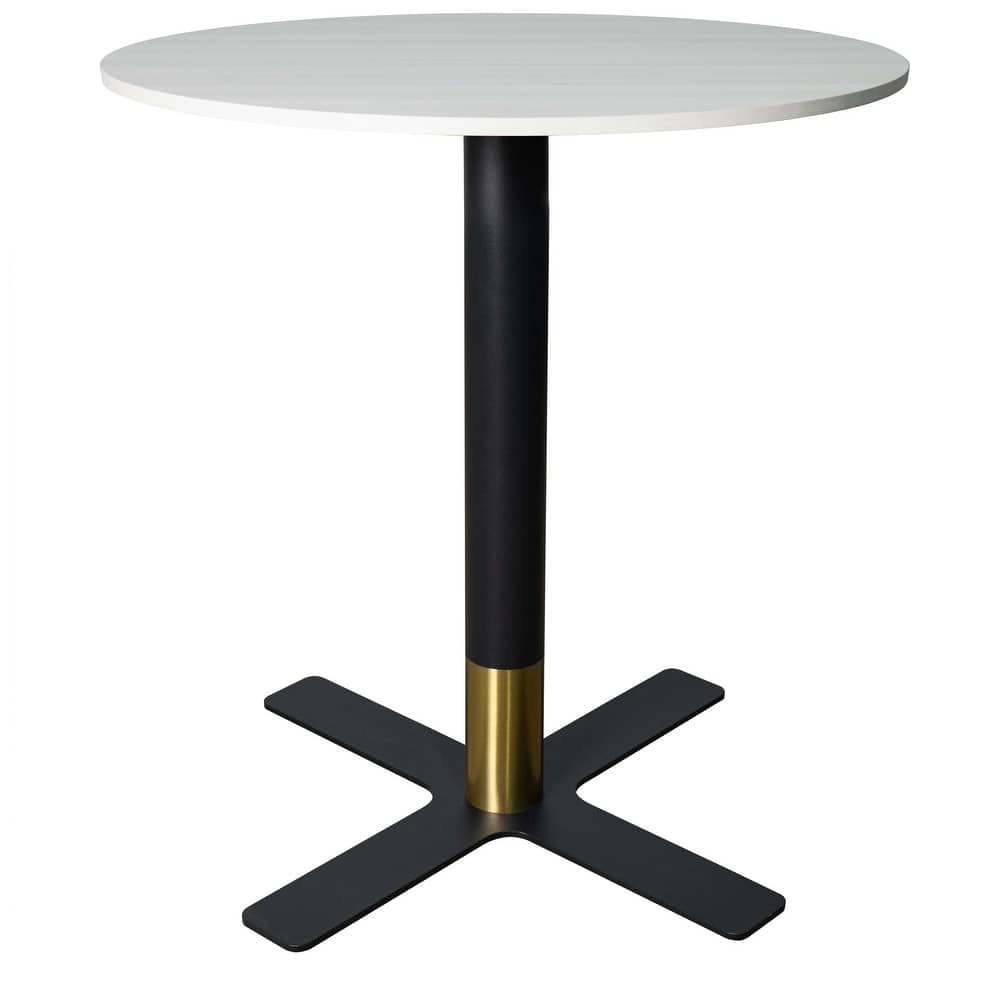Vail 27" Round Solid Wood Top Dining Table with Black Stainless Steel Cross Legs and Gold Accent Base for Cafés and Home