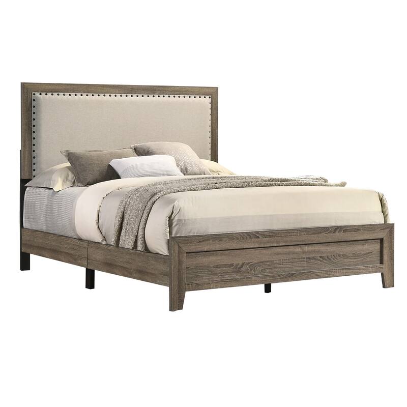 Shannon Full Panel Bed with Nailhead Trim, Ivory Fabric, Gray Wood