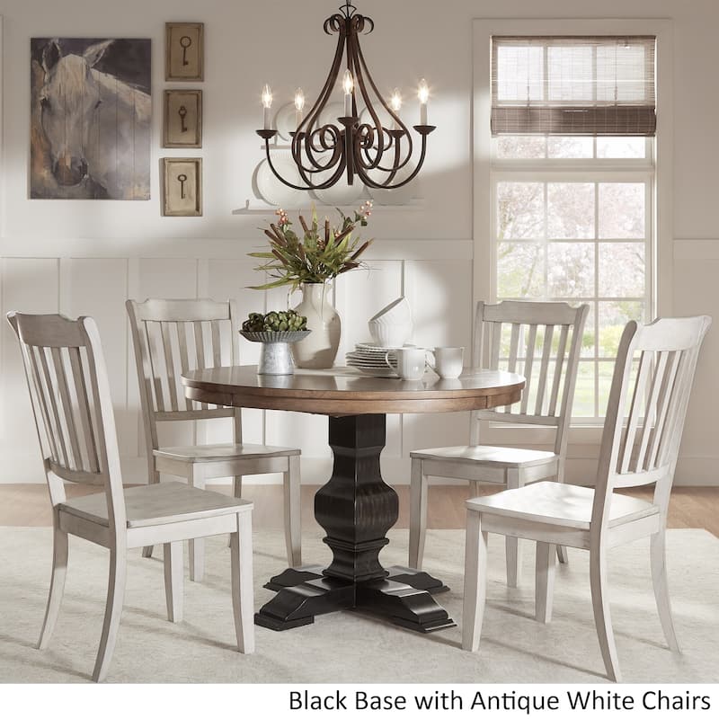 Eleanor Black Round Solid Wood Top 5-Piece Dining Set - Slat Back by iNSPIRE Q Classic - Antique White Chairs