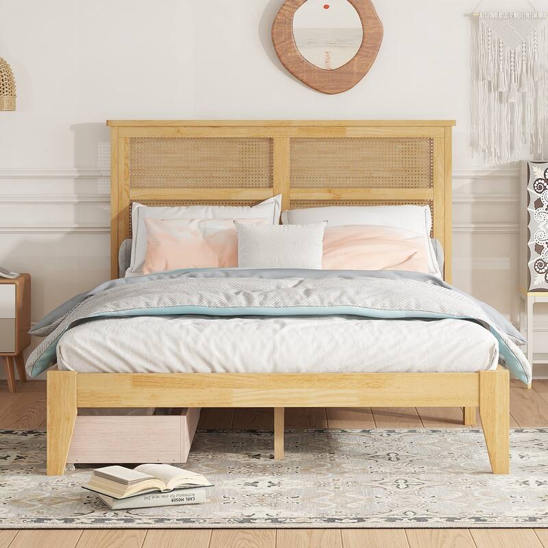 King Size Bed with Rattan Headboard, 2 Under-Bed Storage Drawers, Solid Rubber Wood Frame with Enhanced Support