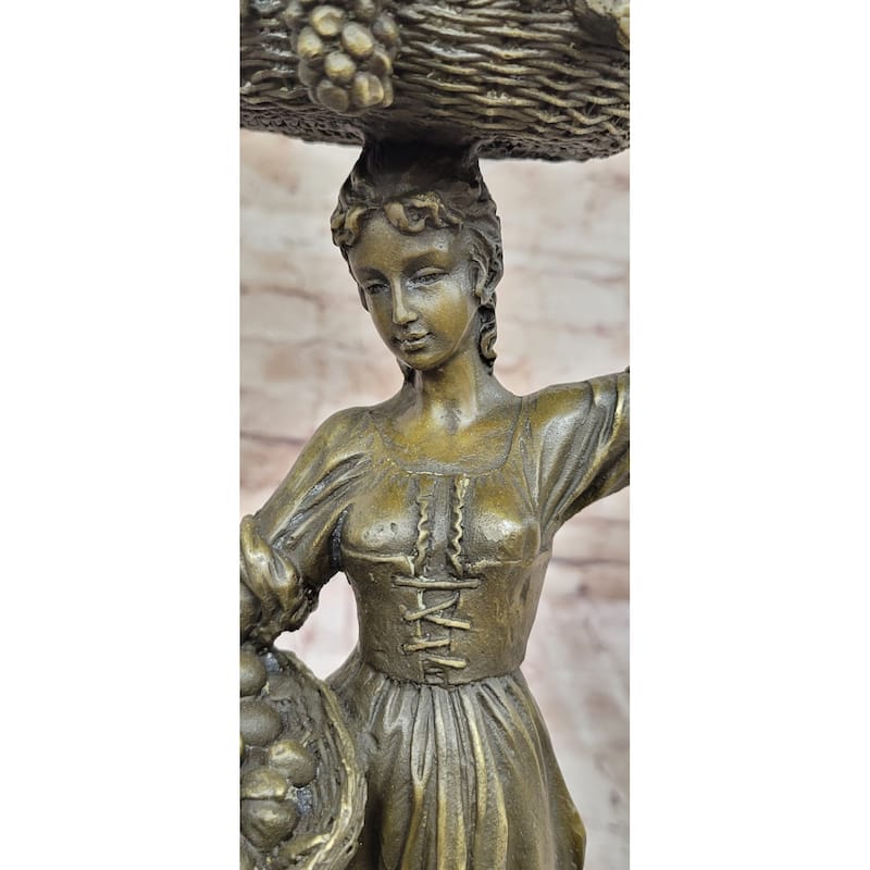 Girl Carrying Basket Of Fruit - Hot Cast Bronze Original Sculpture On Marble Base