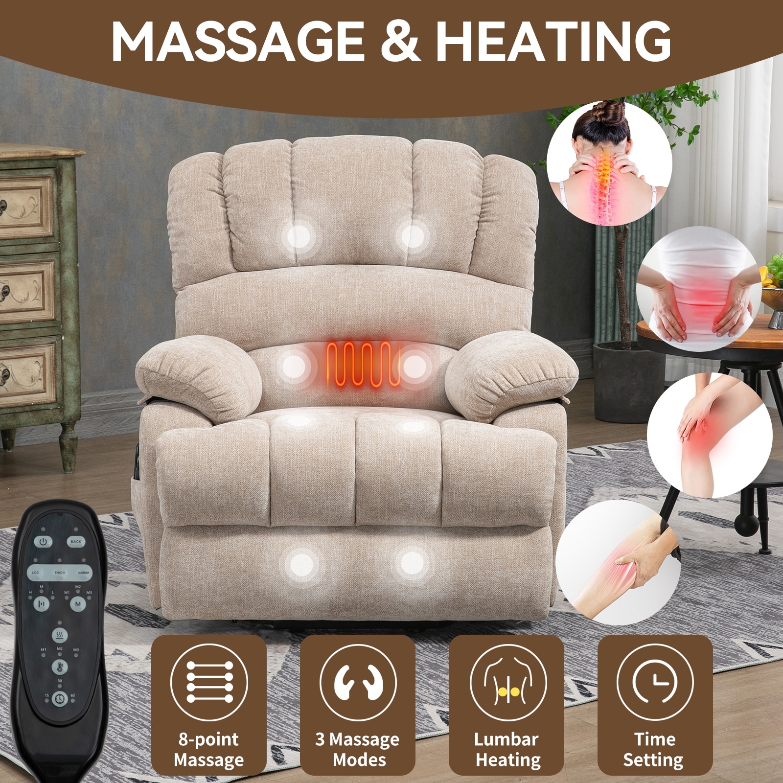 Oversize Chenille Massage Chairs with Power Lift and Lumbar Heating