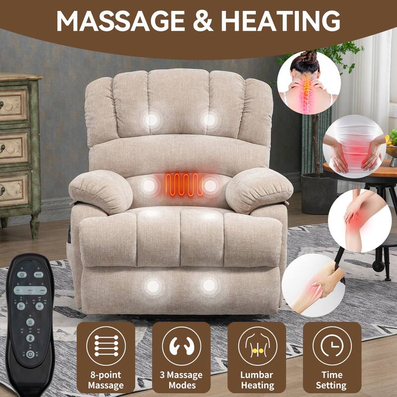 Oversized Power Lift Recliner Chair with Massage, Heat, 8-Point Vibration, Lumbar Heating, USB Port, Dual Side Pockets