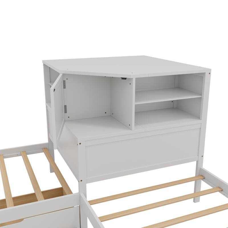 L-Shaped Combination Twin Bed Frame with Trundle and Drawer