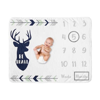 Woodland Deer Collection Boy Baby Monthly Milestone Blanket - Navy Blue, Mint and Grey Woodsy Forest Arrow Be Brave