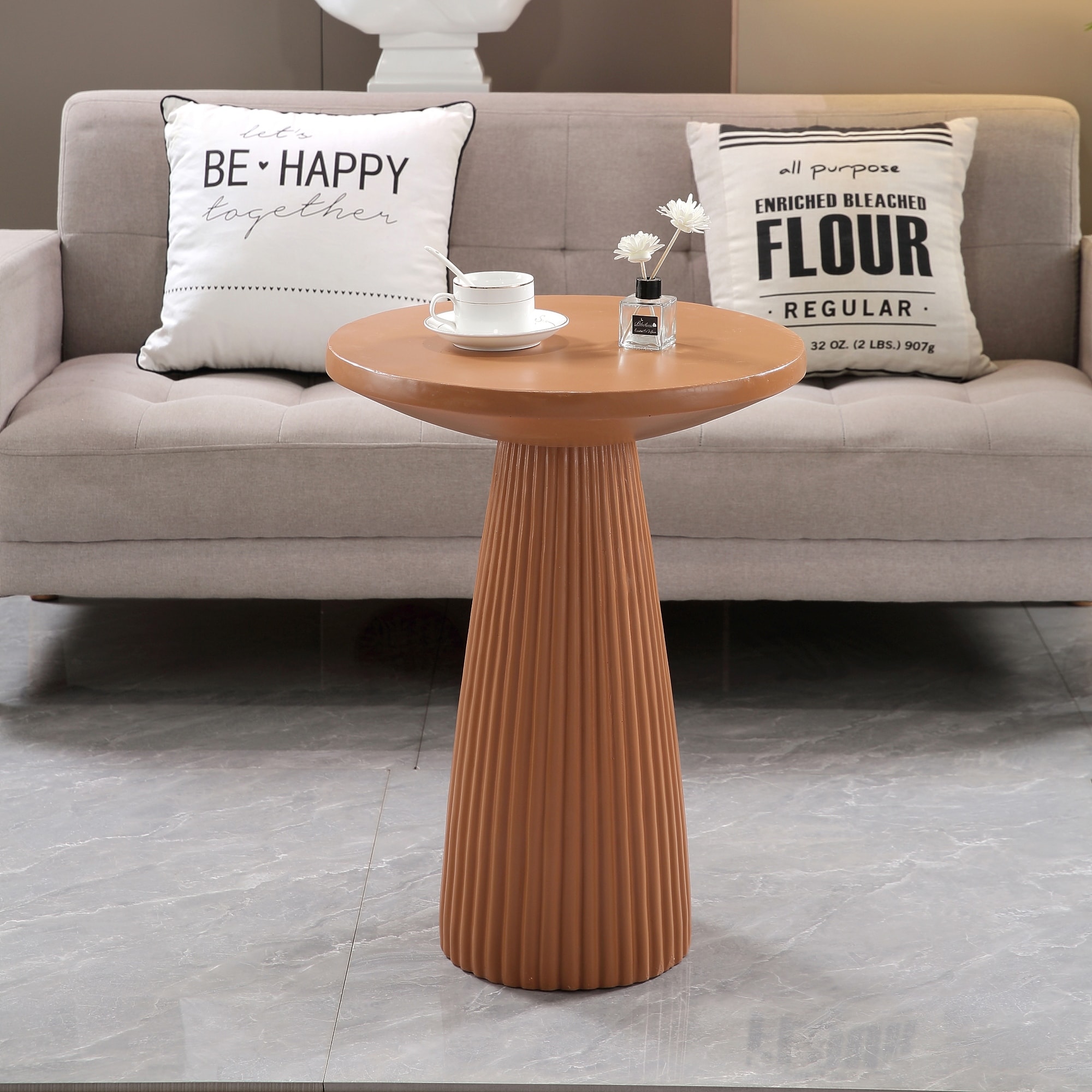 Magnesium Oxide Fluted Base Side Table, 17.72" Diameter Round Accent Table