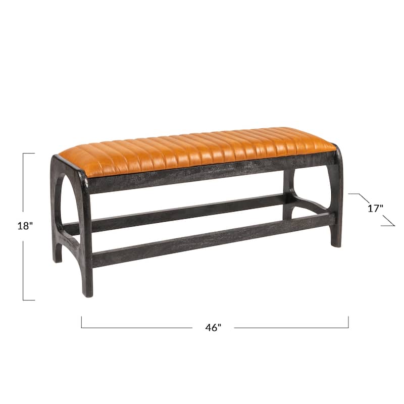 Mango Wood Arch Bench with Leather Seat - 18.0"H