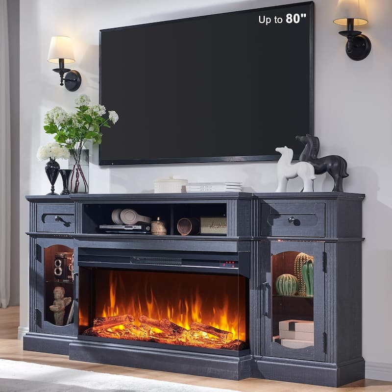 Farmhouse Electric Fireplace TV Stands up to 80", Entertainment Center - Black