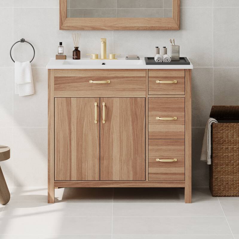 Solid Wood Frame Bathroom Vanity Cabinet with Undermount Ceramic Sink, 3 Drawers & Adjustable Shelf for Small Bathrooms, 36 Inch