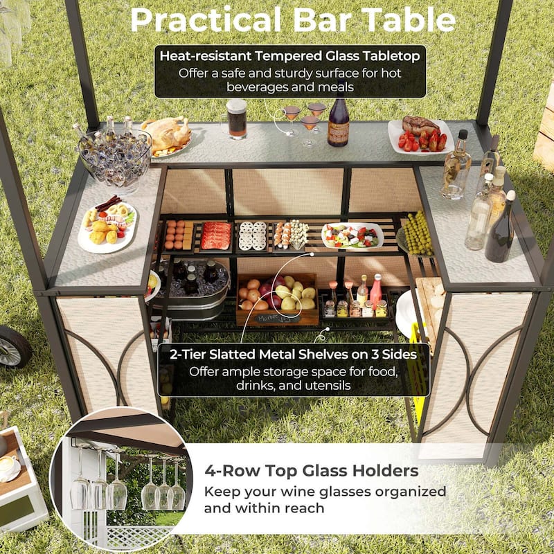 3-Piece Patio Bar Set w/ 2 Stools & Metal Storage BBQ Gazebo Shelter