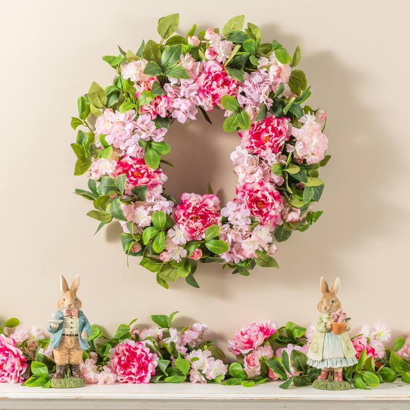 Glitzhome Pink Hydrangea, Peony & Cherry Wreath Garland