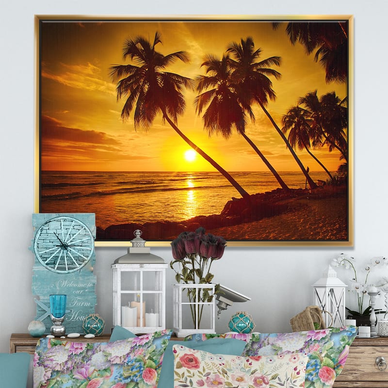 Designart "Beach Sunset in Island Barbados" Modern Seascape Framed Canvas Artwork Print