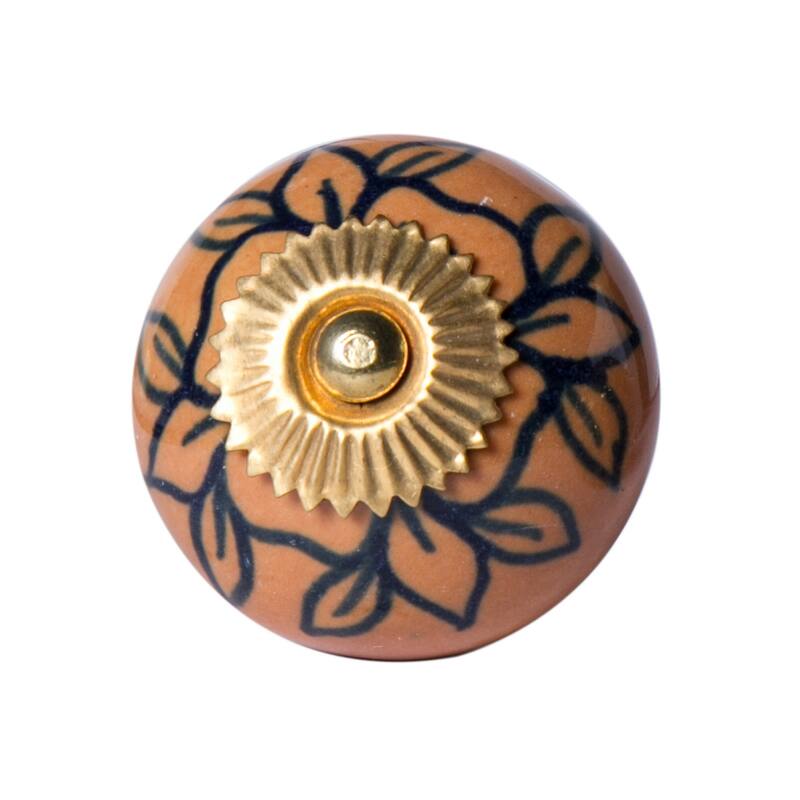 Set of 12 Hand-Painted Blue & Orange Floral Ceramic Cabinet Knobs Artisan Round Drawer Pulls with Metal Base