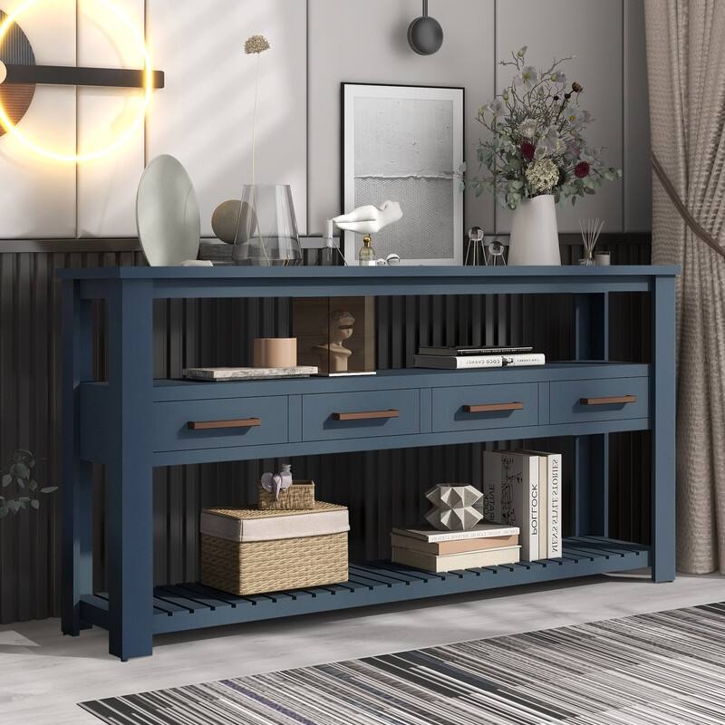 Modern Console Table with 4 Drawers and 2 Shelves - Navy Blue