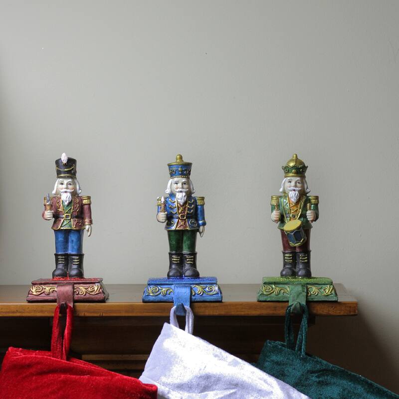 Set of 3 Blue, Red Green Glittered Nutcracker Stocking Holders 7.75"