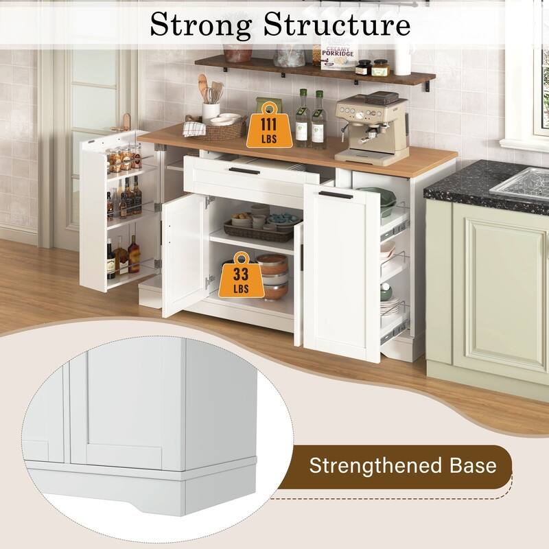 53.7" Kitchen Island Storage with 3-Tier Pull-Out Rack and Adjustable Shelves for Kitchen, Dining Room
