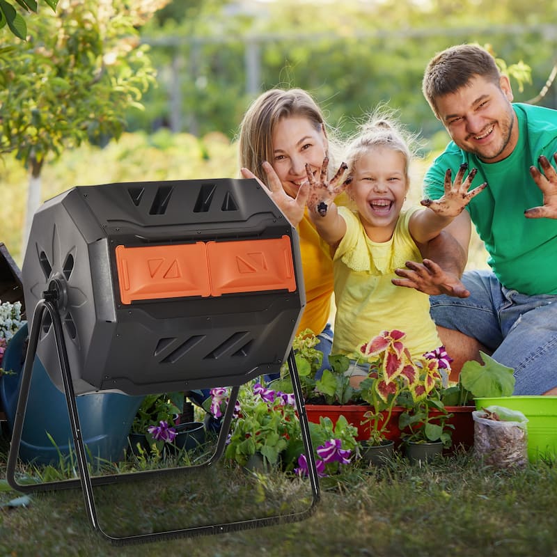 Outsunny Tumbling Compost Bin Outdoor Dual Chamber 360-deg Rotating Composter 43 Gallon w/ Sliding Doors & Solid Steel Frame - Orange