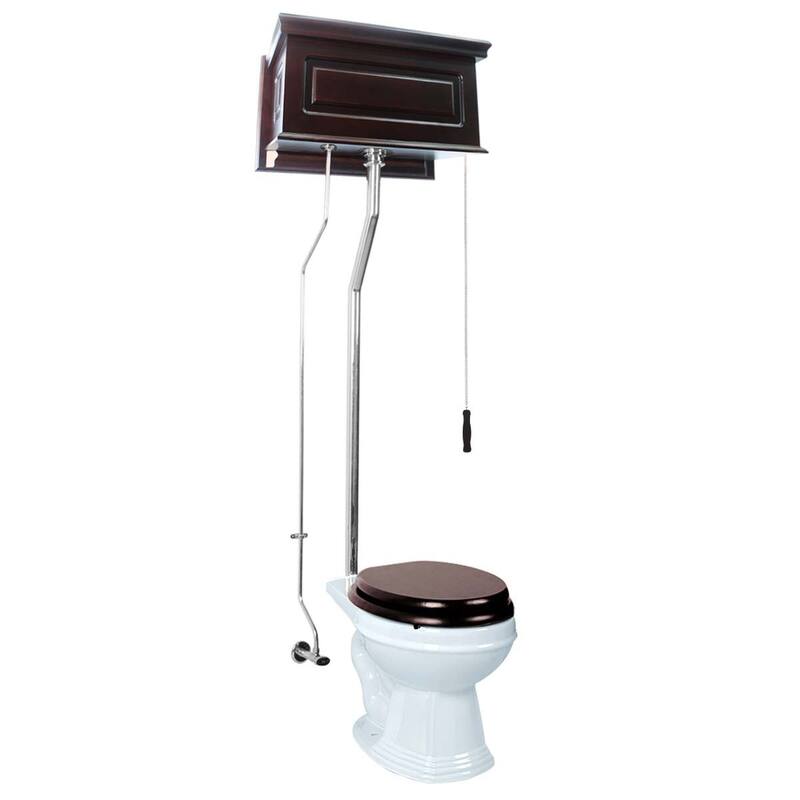 High Tank Toilet - Dark Oak Raised Tank, Round White Bowl Chrome L Pipes Renovators Supply