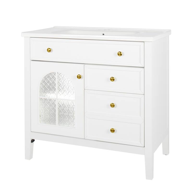 Freestanding 36" Bathroom Vanity Sink Cabinet with Motion-sensor Light Strip, Patterned Glass & Drawers