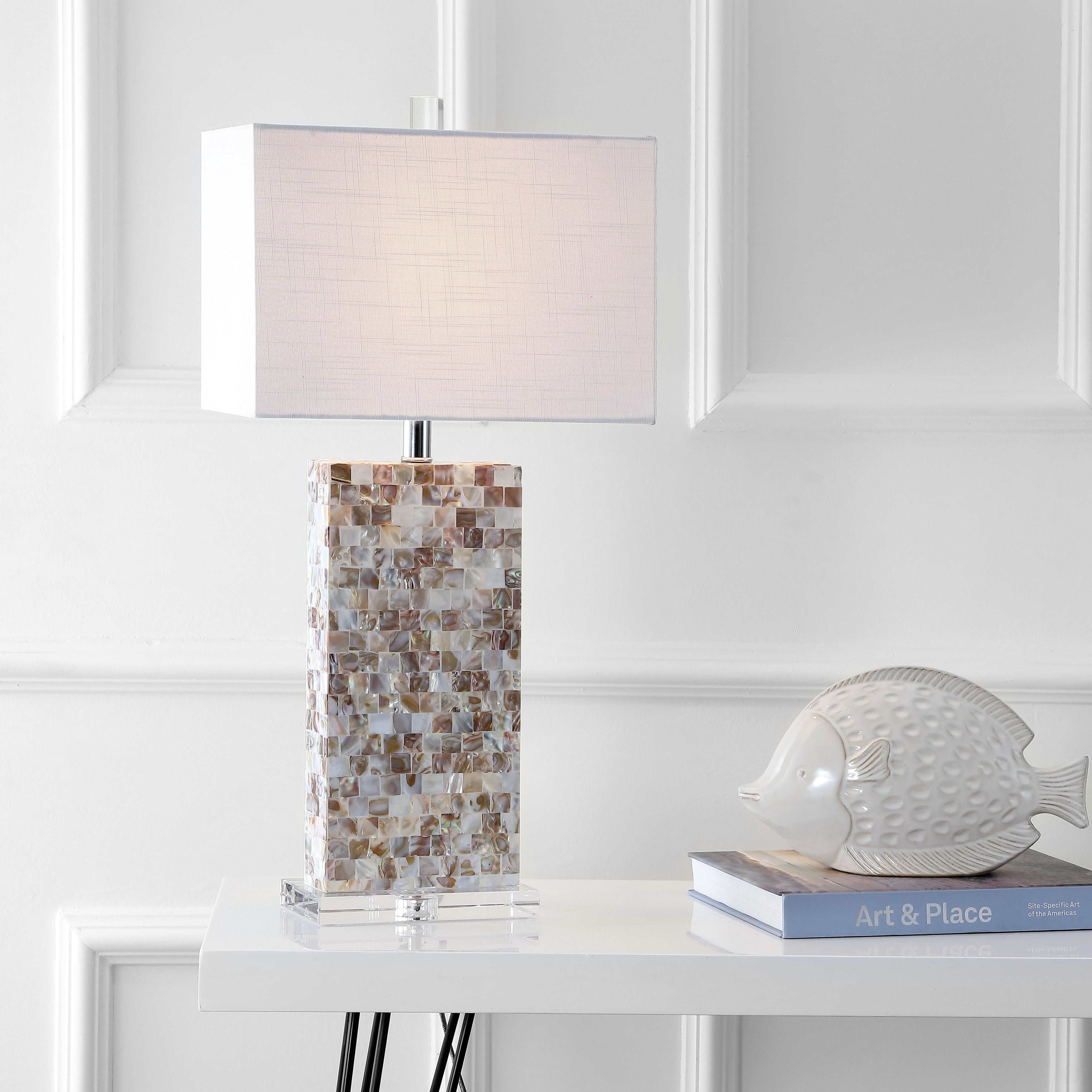 JONATHAN Y Pleiades 29" Seashell and Crystal LED Table Lamp, Natural/Clear