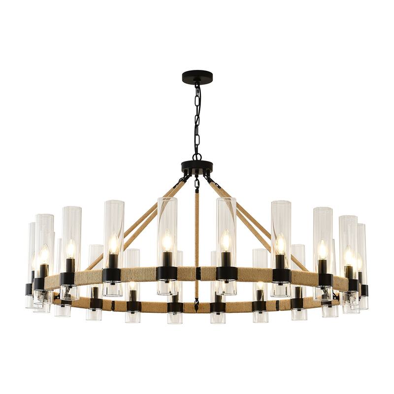 Modern Rustic Wagon Wheel Chandelier with Clear Glass Shades & Hemp Rope Accents