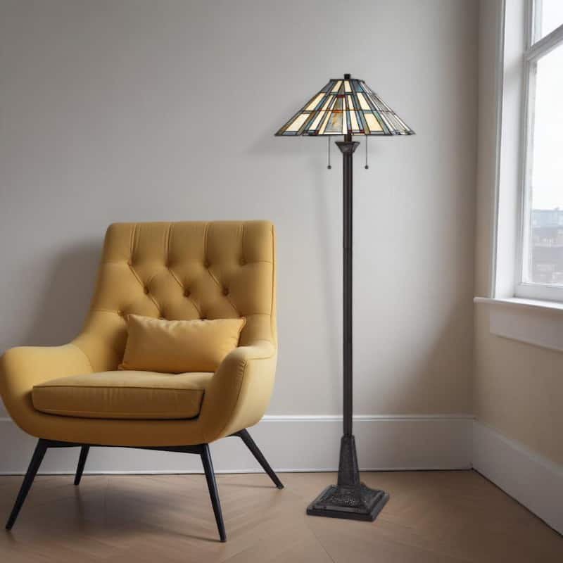 62-inch Bronze Two Light Floor Lamp with Tiffany Glass Shade - 16” x 16” x 62” - Bronze