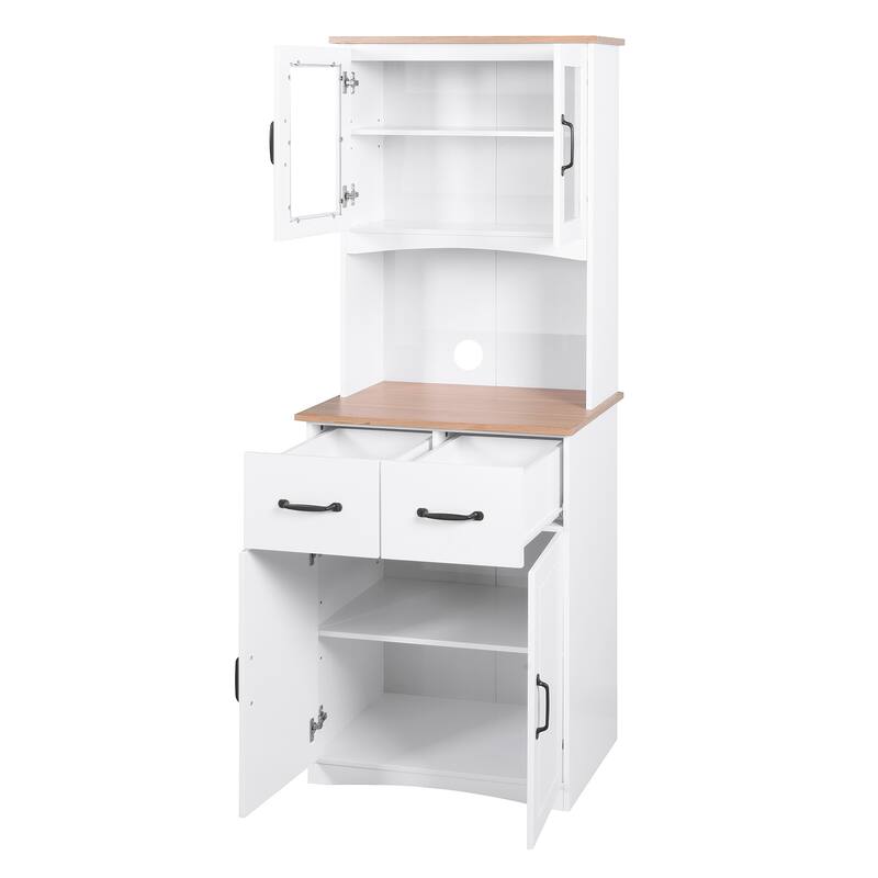 Anmytek White Wooden Kitchen Pantry Cabinet with Microwave Stand, Framed Glass Doors, Drawers & Storage Shelves