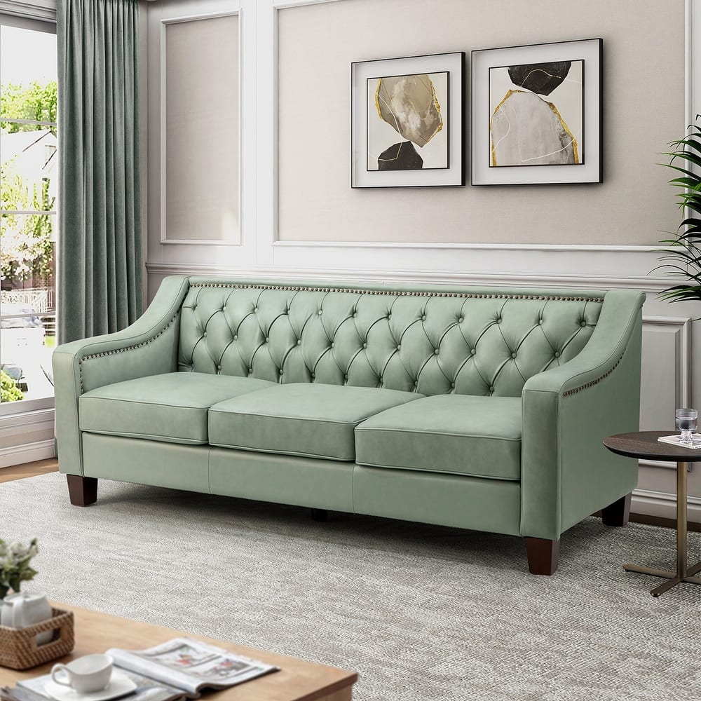 Mateo 82.28" Wide Transitional Genuine Leather Sofa with Nailhead Trim and Button-Tufted Back