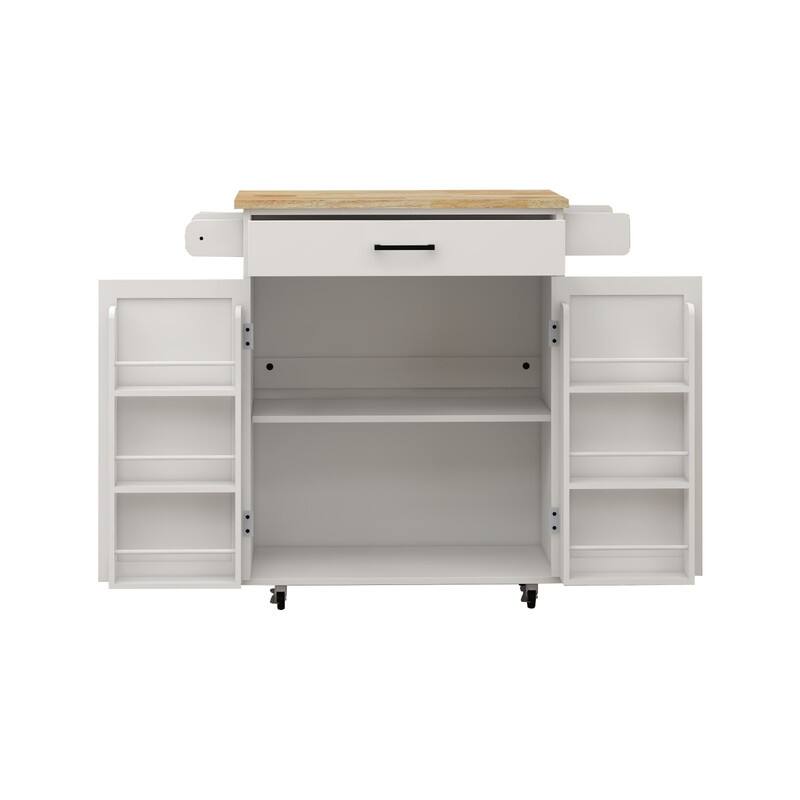 White Farmhouse Kitchen Island Cart with Drawer, Adjustable Shelves & Wheels
