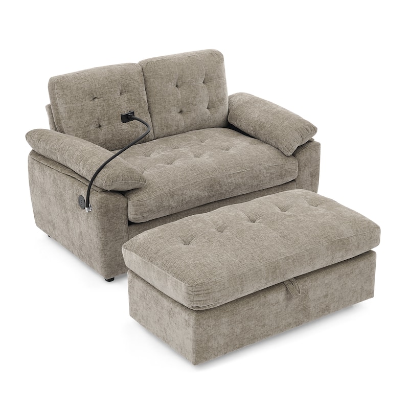 Double Recliner Chair with Adjustable Backrest, Storage Ottoman, USB Port & Phone Stand