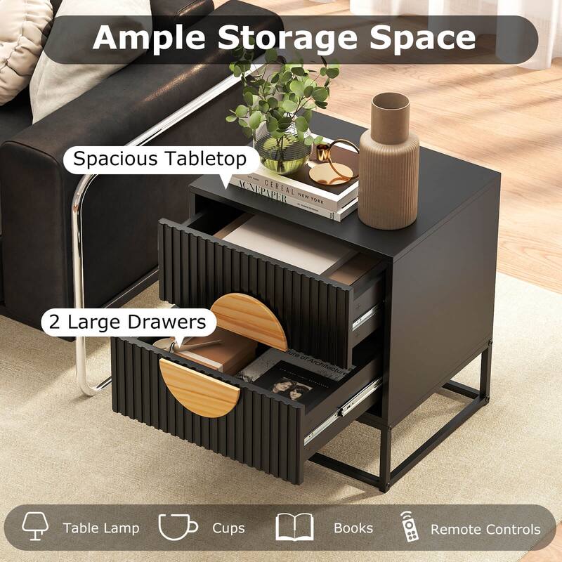 Costway 1/2 PCS Fluted Nightstand with 2 Drawers with Pine Wood