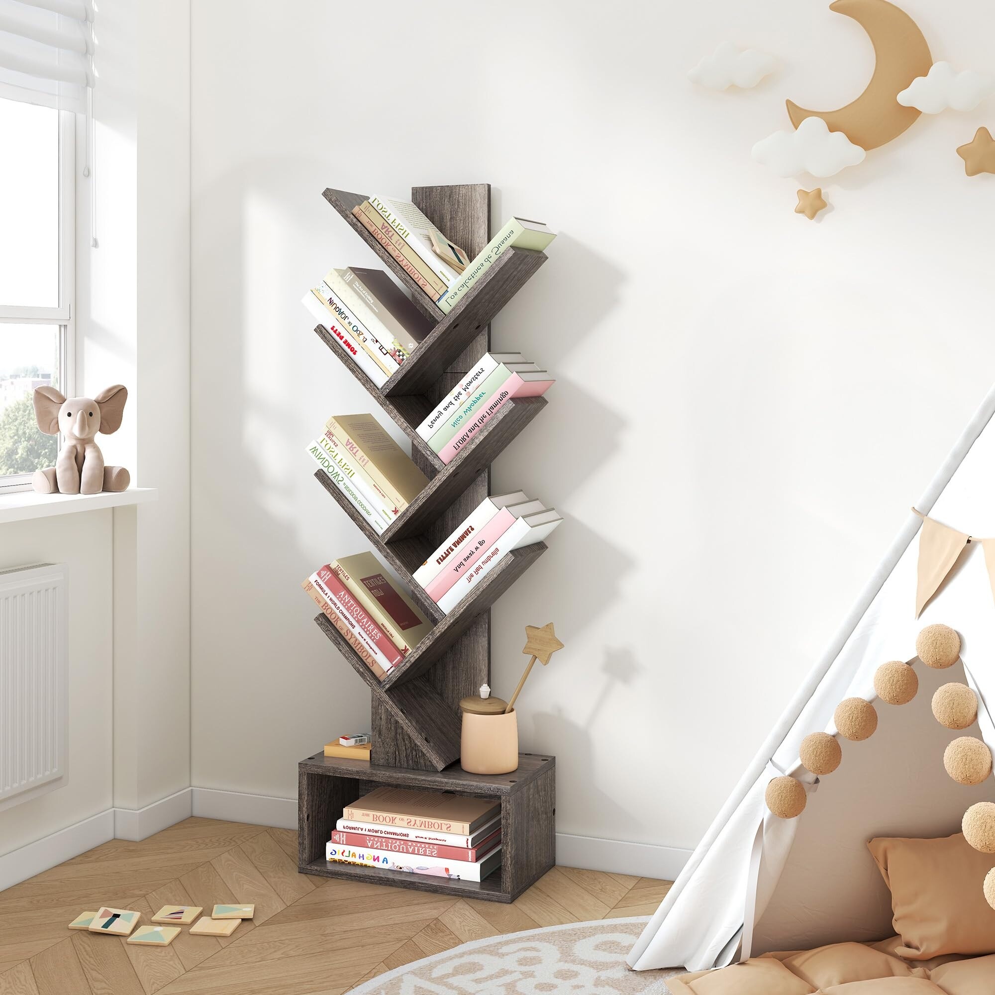 6 Tier Tree Bookshelf, Tall Bookcase with Drawer, Freestanding