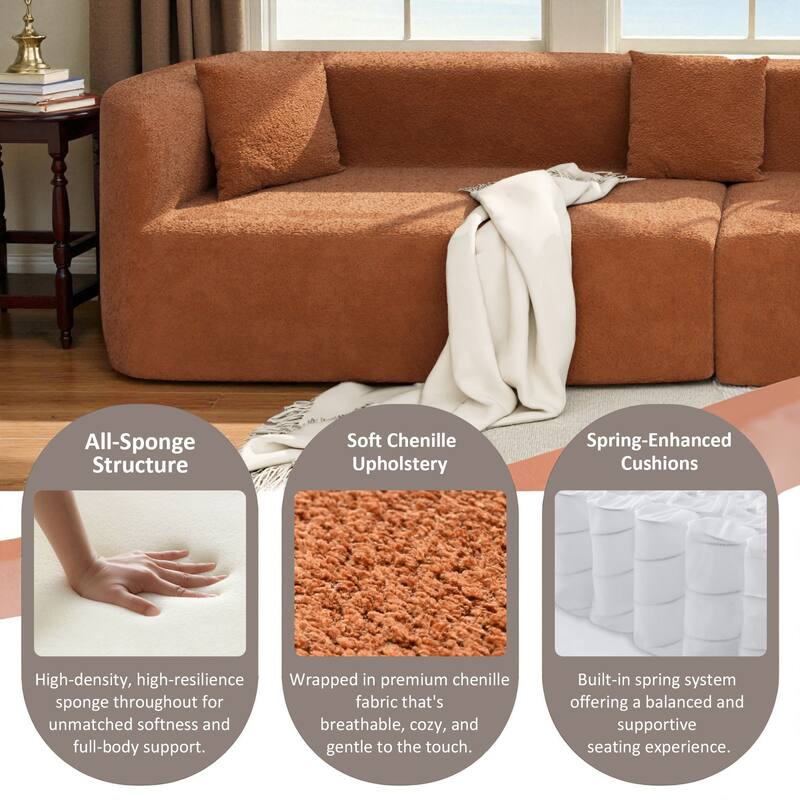 132" Modern Curved Sectional Sofa, 2-Piece Chenille Modular Couch with Pillows, Sponge & Spring Cushion for Living Room