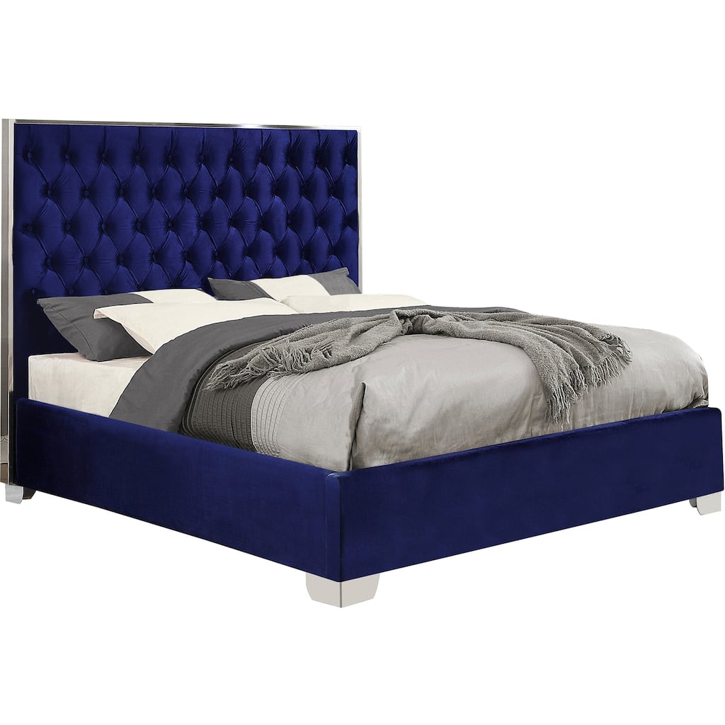 58.5 in.H Blue Wood Frame King Size Panel Bed with Velvet Upholstery Material and Bed Frame Mounted