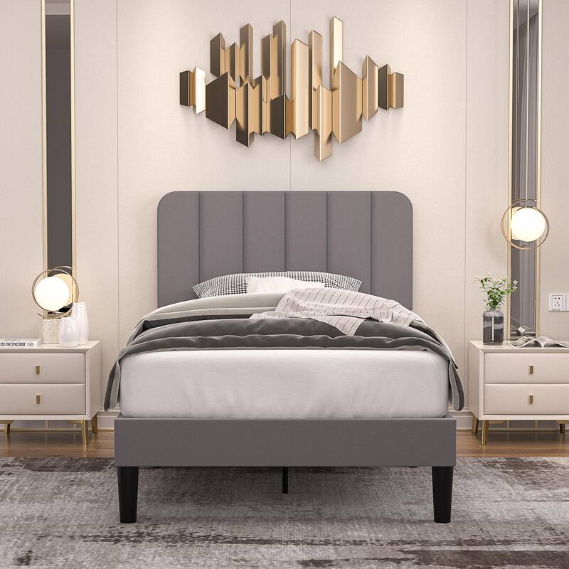 Javlergo Upholstered Bed Frames with Height-adjustable Headboard - Dark Grey - Twin