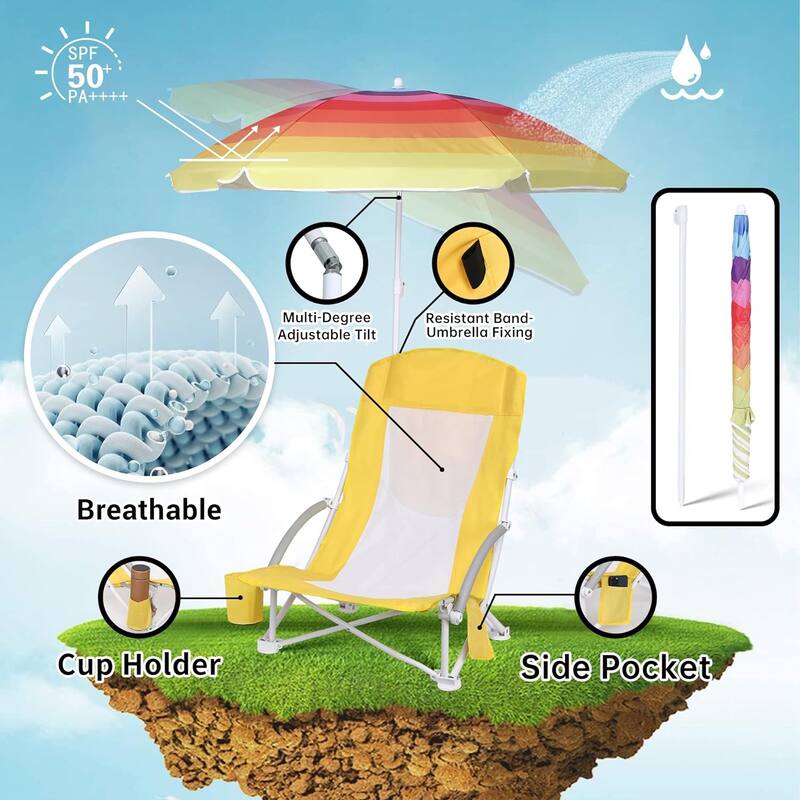 Beach Chair, Beach Chair with Umbrella, Beach Chair for Adults Camping Chair High Back with Umbrella and Cooler, Lightweight