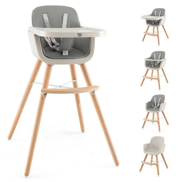 slide 2 of 7, 3 in 1 Wooden Convertible Baby High Chair w/Booster & Removable Tray, Adjustable Legs, 5-Point Harness, PU Cushion & Footrest Gray