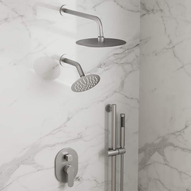 GRANDJOY Dual Heads Shower System 10" and 6" Wall Mount Rainfall Round Shower Faucet Handheld Shower Spray with Slide Bar - Brushed Nickel