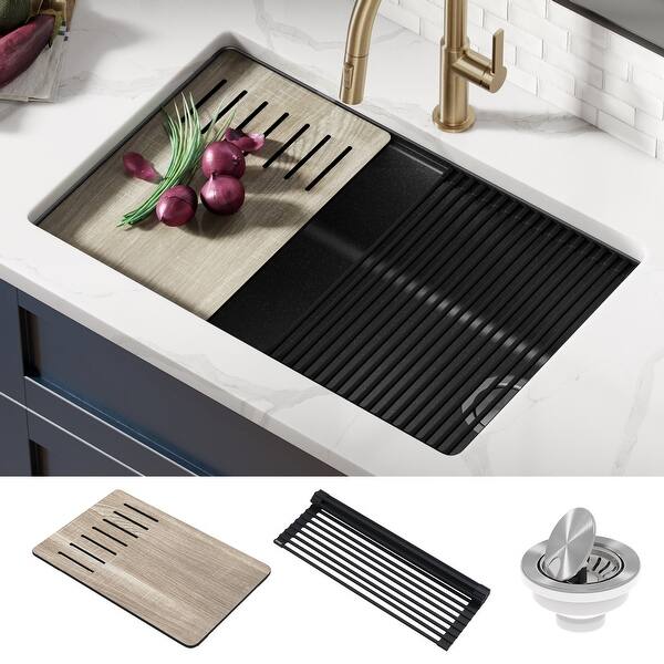 slide 50 of 123, KRAUS Bellucci Workstation Undermount Granite Composite Kitchen Sink 29" L x 19" W (sink KGUW2-30MBL) - Metallic Black