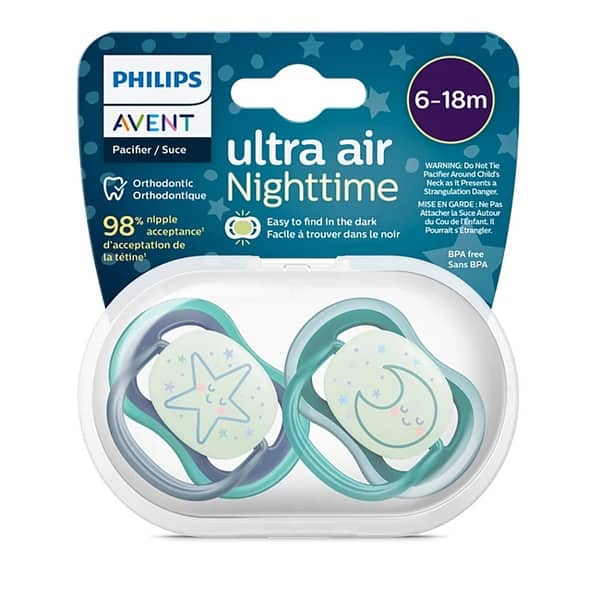 slide 2 of 7, Philips Avent Ultra Air Pacifier 6-18M, Sleeping Star / Sleeping Moon, Nighttime - Multi Multi