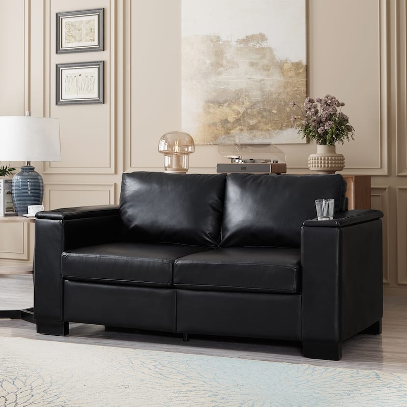 PU Leather Loveseat Sofa Deep Seat Couch with Storage and Cup Holders