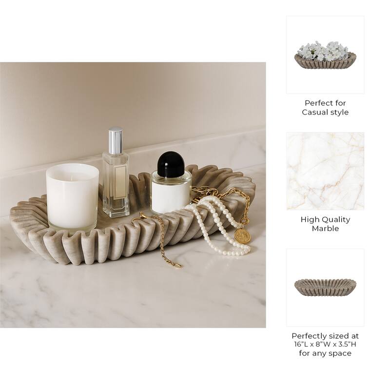 Decorative Wavy Marble Bowl with Ribbed Texture -Home Decor - 16", Tan