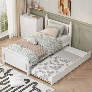 Twin Size Platform Bed Frame with Headboard and Trundle for Teens, Solid Wood Slat Support Bed White Frame Bed