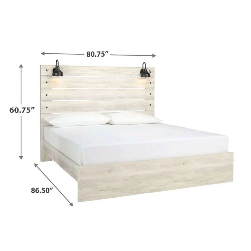 Cemy King Size Bed, Open Slat Headboard w 2 Sconce Lights Whitewash