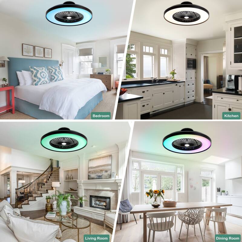 Cusp Barn 23 Inch Modern Low Profile RGB Ceiling Fan with Light, Smart Bladeless Flush Mount Enclosed Black Dimmable Ceiling Fan