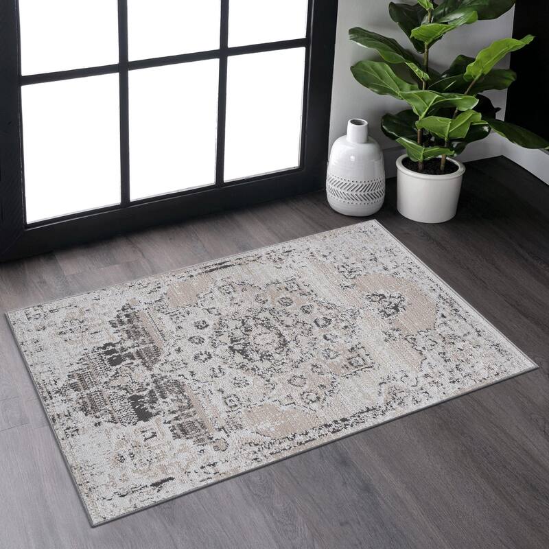 LOOM & LUXE Collection Cream/Blue/Medallion Non-Shedding Area Rug - 36" D x 24" W x 0.28" H