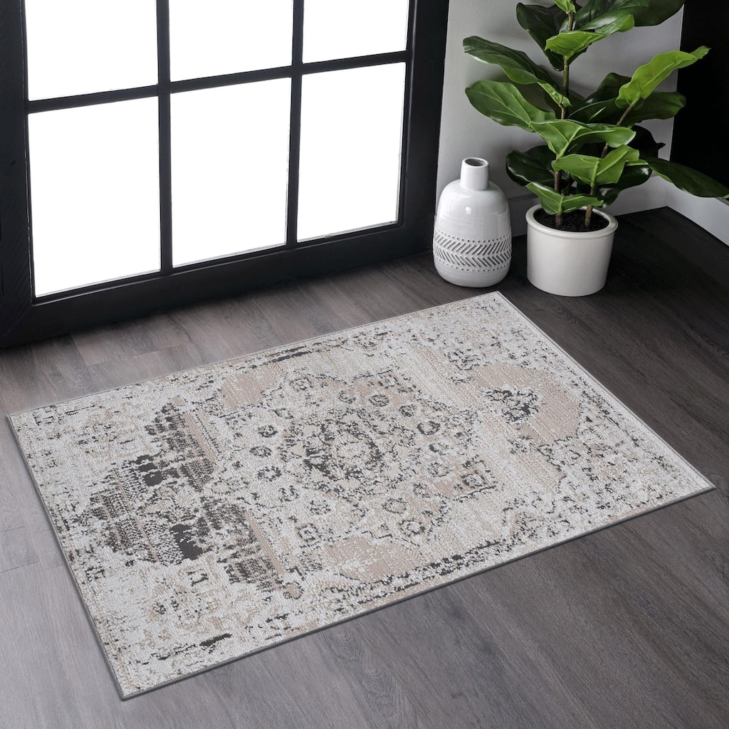 Roomfitters 2x3 Machine Washable Boho Vintage Area Rug, Non-Slip Pet Friendly Indoor Living Room Decor Carpet - Cream
